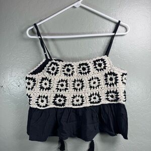 Lucky Brand Crochet Boho Babydoll Tank Top Black Cream Size M